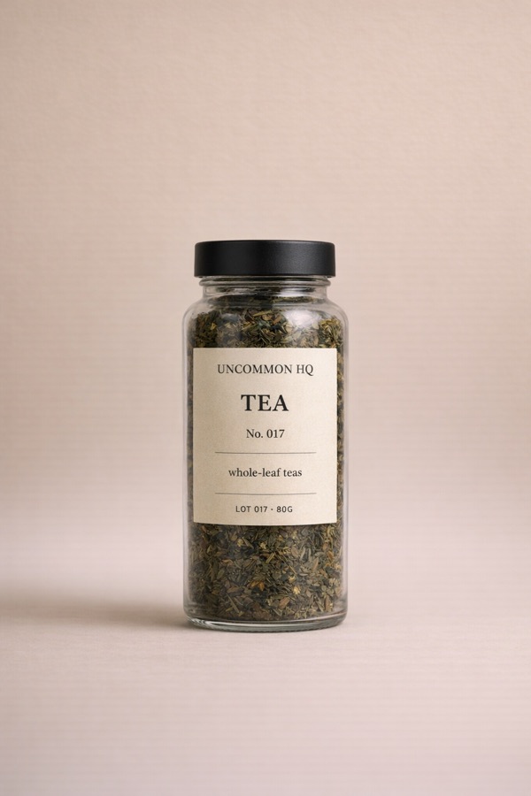 Studio photo of Uncommon HQ whole-leaf tea jar packaging