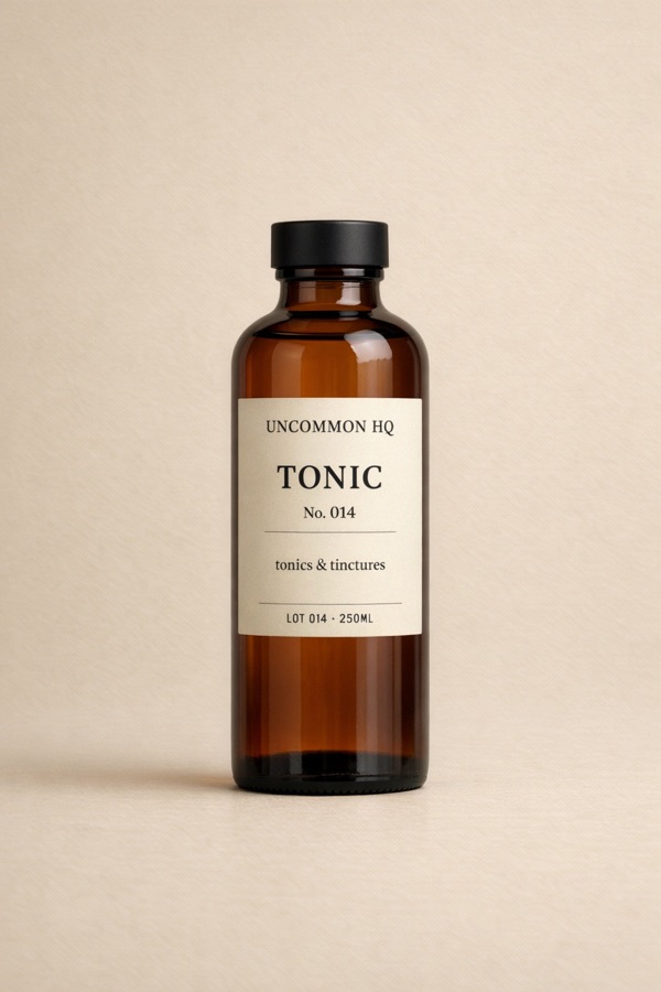 Studio photo of Uncommon HQ tonic bottle packaging