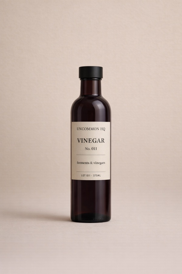 Studio photo of Uncommon HQ vinegar bottle packaging